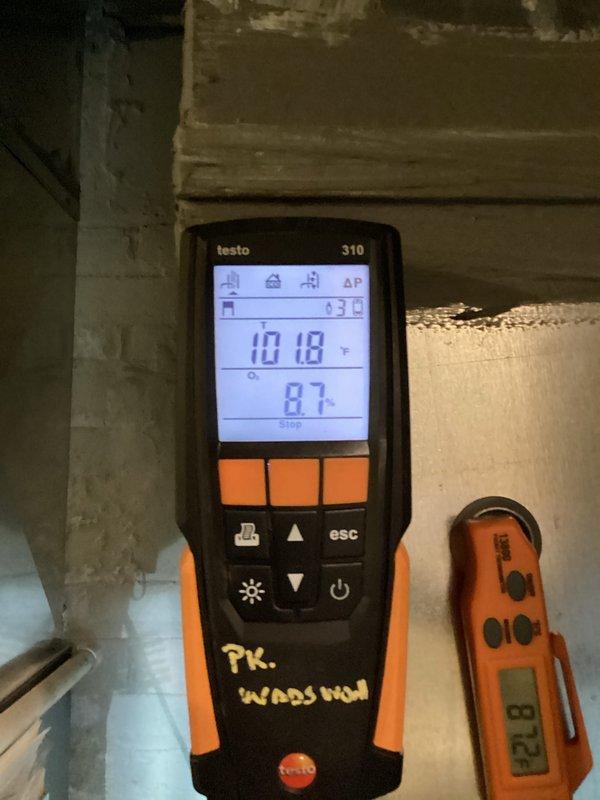 Performed scheduled monthly maintenance service on two heating systems. Conducted combustion analysis with Testo 310 analyzer showing 10.18% CO2 and 8.7% efficiency readings at 26.8°C. Inspected and verified proper operation of blower motor assembly, checked all electrical connections, and confirmed system components were functioning correctly.