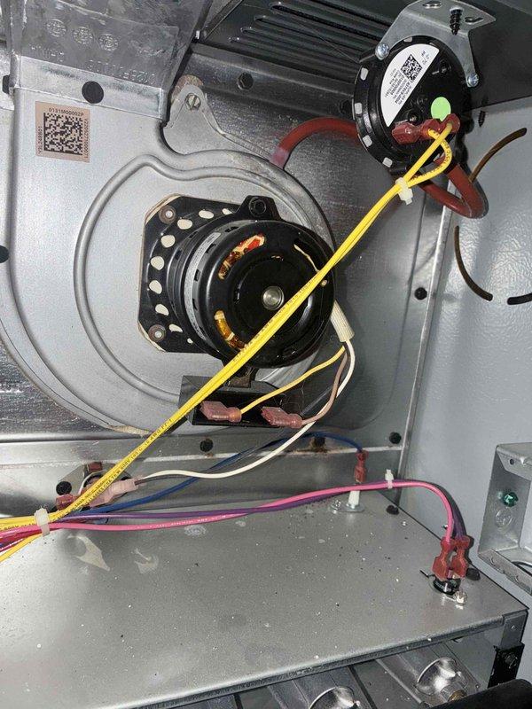 Performed heating system tune-up service, including visual inspection of blower motor assembly and wiring connections. Conducted combustion analysis using Testo 310 analyzer, confirming proper oxygen (12.2%) and carbon dioxide (4.91%) levels within acceptable parameters for safe and efficient operation.