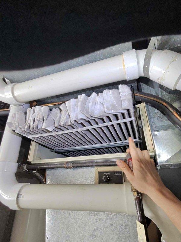 Performed system check on new mover's HVAC unit. Inspected blower assembly and found heavily dust-laden air filter requiring replacement. Documented condition with photos and completed preventative maintenance to ensure proper system operation.