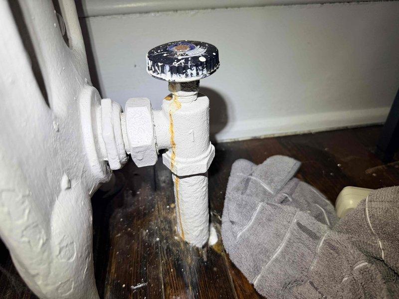 Repaired leaking radiator valve on a traditional cast iron heating unit. Serviced the valve assembly which showed signs of corrosion and wear. System now functioning properly with no leaks detected.
