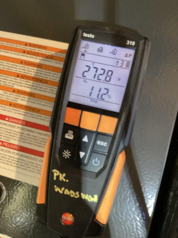 Conducted comprehensive heating system tune-up with detailed performance testing. Utilized UEi EM152 meter to verify electrical parameters (430 reading) and Testo 310 analyzer to assess combustion efficiency (27.28/112 readings). All system functions verified within manufacturer specifications.