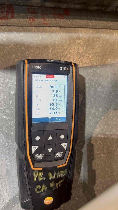Performed annual scheduled preventive maintenance on two furnace systems under service plan. Conducted comprehensive combustion analysis using Testo 310 II, verifying 95.6% efficiency with acceptable CO levels (38-61 ppm), proper CO2 percentage (7.35%), and normal exhaust temperatures. Measured supply air temperature (67.9°F) and inspected filtration components to ensure optimal system performance.