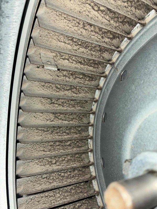 Diagnosed short cycling issue in aging furnace system. Inspection revealed severe dust accumulation on blower wheel and heat exchanger components, restricting proper airflow. Performed comprehensive cleaning of blower assembly and verified proper operation after service, resolving the cycling problem.