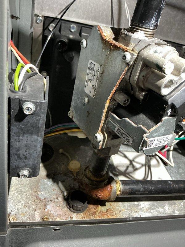 Conducted scheduled heating maintenance on furnace system. Inspected gas valve assembly, control wiring connections, and associated components. Noted oxidation on copper fittings and some corrosion on valve assembly that will require monitoring on future service visits.