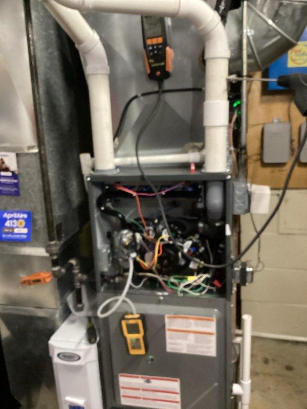 Performed annual heating maintenance on residential furnace system. Conducted full diagnostic testing of electrical components using digital meter, verified proper operation of ignition system and safety controls. Inspected Aprilaire humidifier unit and confirmed proper functionality of all system components.