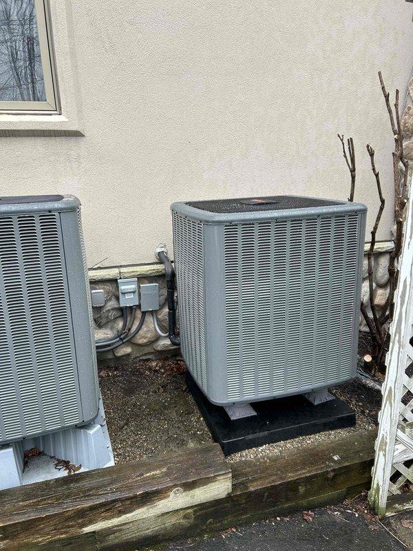 Successfully installed a new 2-ton/16 SEER heat pump system with complete indoor and outdoor unit replacement. The indoor air handler was properly mounted on joists in the attic space with all necessary ductwork connections and PVC condensate lines installed to specifications. Outdoor condensing unit was secured on the existing wooden platform with proper electrical connections made through junction box and new refrigerant lines installed.