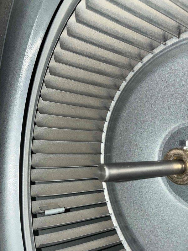 Performed scheduled heating maintenance service on boiler system. Inspected and verified proper operation of blower wheel assembly and fan components. No issues detected with centrifugal fan; all blades intact with no signs of deterioration or imbalance.
