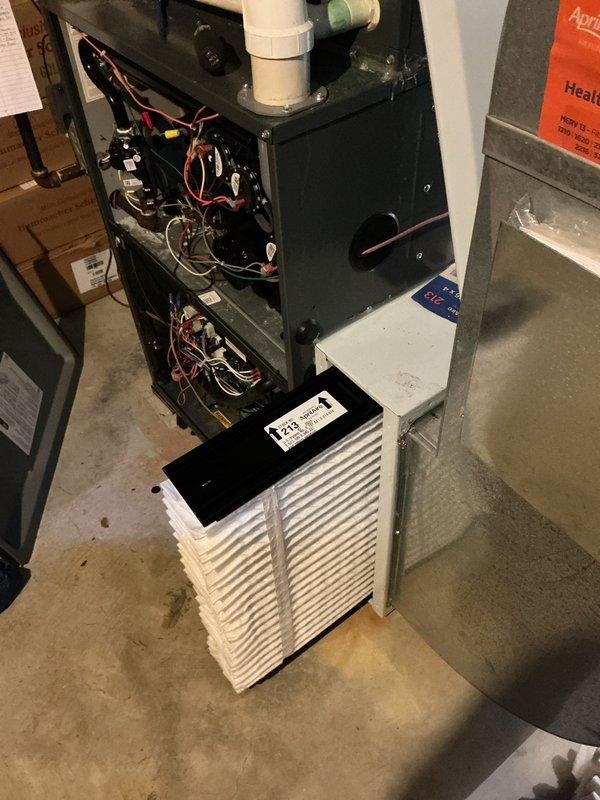 Completed routine seasonal heating maintenance on residential HVAC system including inspection of Aprilaire whole-home humidifier and furnace electrical components. Replaced air filters and verified proper connections of all wiring and PVC ventilation components, ensuring system is operating at optimal efficiency for the heating season.