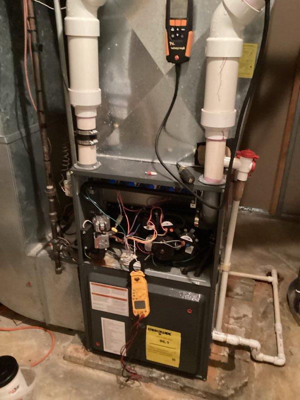 Performed scheduled heating maintenance on aging system (10+ years). Conducted diagnostic testing with multimeter on electrical components, examining wiring connections at terminal points. Inspected furnace interior including circuit boards, exhaust/intake venting, and verified proper operation of all mechanical elements.
