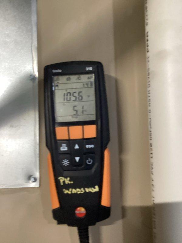 Performed scheduled heating maintenance service on furnace system. Conducted combustion analysis with Testo analyzer showing 1056 ppm CO2 readings, and verified electrical parameters using multimeter with readings of 2.14V and 19mA, ensuring system operates within manufacturer specifications.