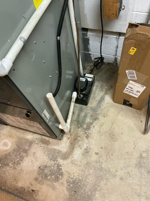 Conducted evaluation of aging forced air system and presented replacement options. Documented existing installation which includes a furnace unit with PVC exhaust/intake components, connected ductwork with transition piece, and electrical controls. System is mounted in concrete block utility room with proper ventilation configuration.