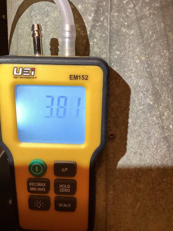 Completed scheduled heating maintenance service on system. Performed combustion analysis using UEI EM152 manometer with reading of 38.1 pressure units. Inspected control switch assembly and internal wiring connections, confirming proper operation of all components.