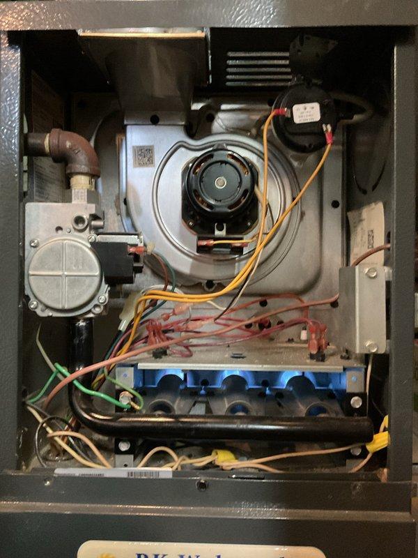 Performed monthly heating maintenance service on 8-year-old furnace system. Inspected blower motor assembly, electrical connections, gas burner assembly, and associated ductwork, finding all components in normal working condition. Also examined the attached Aprilaire humidifier unit and confirmed proper integration with the HVAC system.