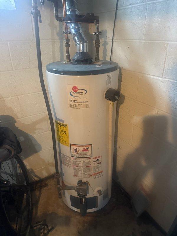 Conducted routine maintenance on Rheem FURY water heater system. Inspected all connections, including copper supply lines, brass fittings, and metal ventilation duct. Verified proper installation of Guardian System components and confirmed all plumbing connections were secure and functioning correctly.
