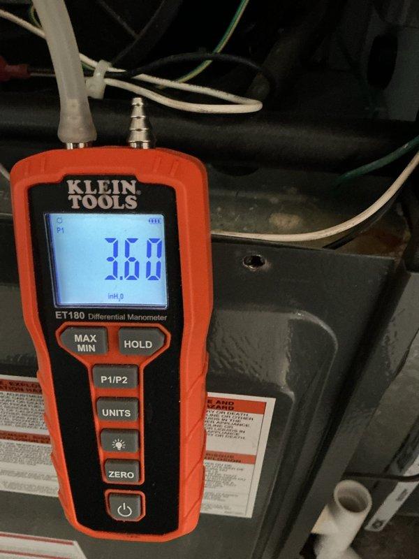 Performed scheduled heating maintenance on system. Conducted differential pressure testing using manometer, with readings of 3.60 and 3.45 inH₂O recorded, confirming proper gas pressure within manufacturer specifications. System is operating normally with no issues detected.