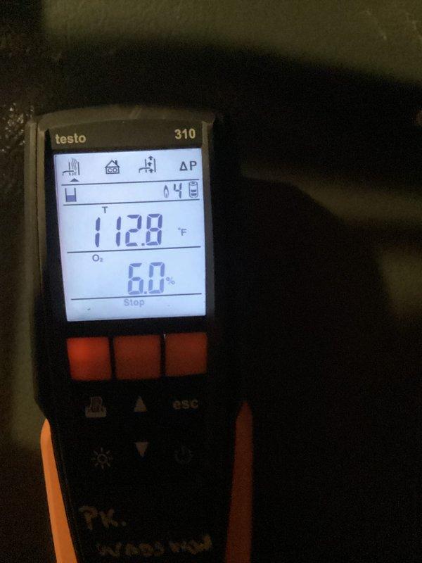 Performed scheduled heating maintenance on furnace system. Conducted diagnostic testing using Testo 310 analyzer, which confirmed proper combustion parameters with 6.0% O2 reading and 112.8°F stack temperature. All components inspected and verified operational.