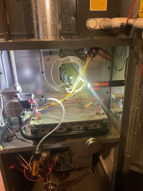 Performed scheduled heating maintenance service on residential furnace system. Conducted comprehensive inspection of electrical components including circuit board functionality and blower motor assembly. All connections were verified secure and system was confirmed to be operating within normal parameters with no issues detected.