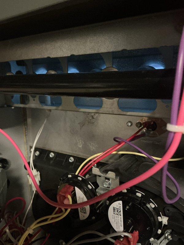 Performed annual SPP maintenance on furnace. Inspected control panel components including control knob and blue switches. Examined electrical connections to pressure switches with focus on wire integrity. System appears to be operating normally with no visible issues in the burner assembly or heat exchanger.