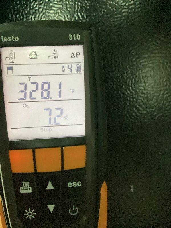 Performed scheduled heating maintenance on residential HVAC system. Conducted combustion analysis using Testo 310 analyzer, confirming proper operation with stack temperature at 328.1°F and O2 levels at 7.2%. System inspected, tested, and left operating within manufacturer specifications.