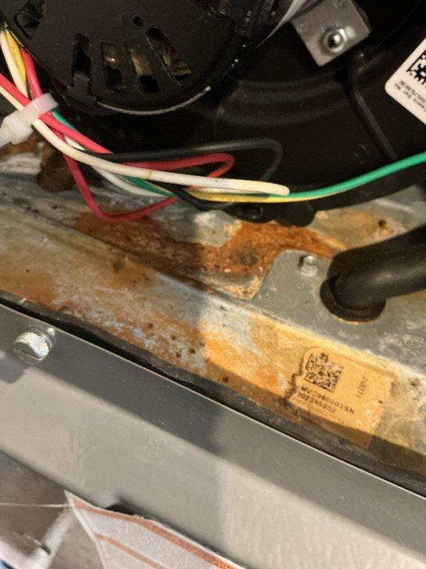 Responded to emergency no-heat call for a 5-6 year old HVAC system. Diagnostic inspection revealed significant corrosion on the metal housing components and electrical connections. Identified faulty control board (50-5225 REV.002) with visible signs of moisture damage, replaced board and restored system operation.