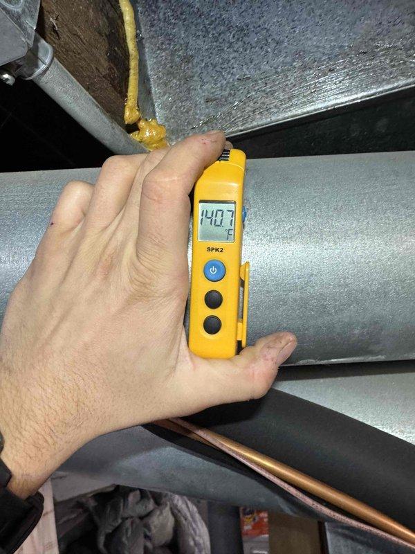 Completed routine heating maintenance service. Inspected blower wheel assembly for proper operation and cleaned components. Measured supply temperature at 140.7°F, confirming system is operating within normal parameters.