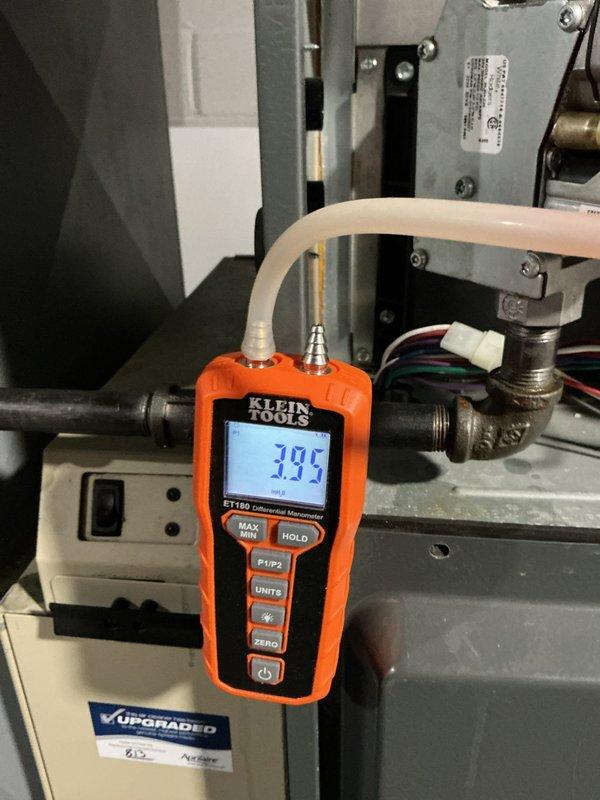Conducted diagnostic assessment on HVAC system experiencing intermittent issues. Performed pressure testing using digital manometer with readings of 3.95 and 1.9 measured at different points in the system. Documented upgraded components during inspection.