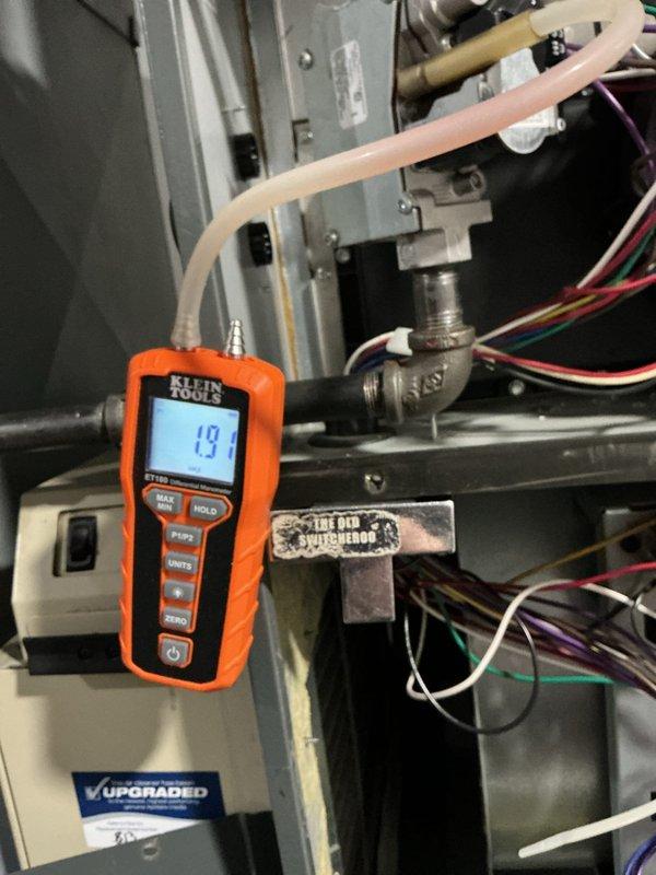 Conducted diagnostic assessment on HVAC system experiencing intermittent issues. Performed pressure testing using digital manometer with readings of 3.95 and 1.9 measured at different points in the system. Documented upgraded components during inspection.