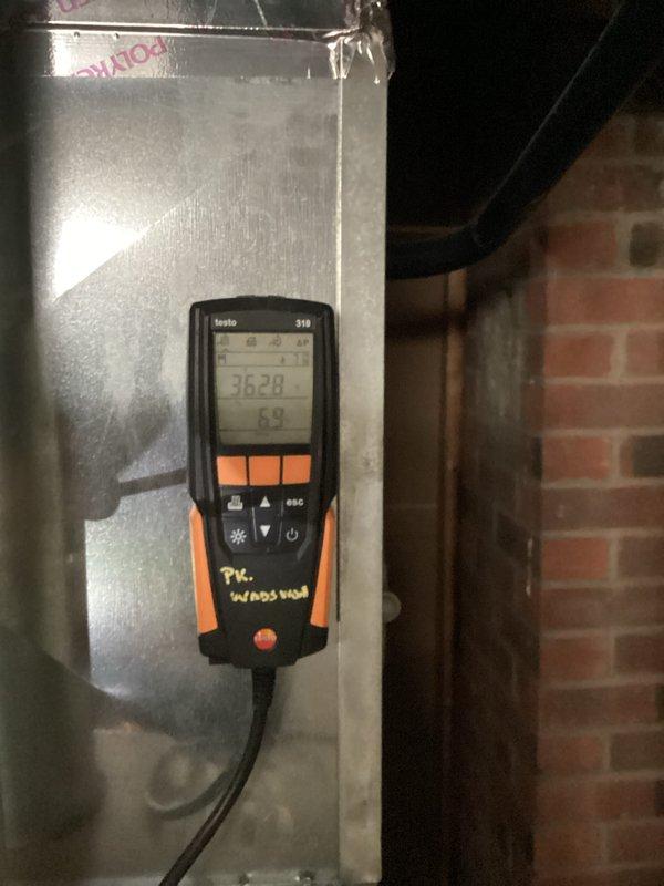 Performed scheduled heating maintenance on aging system (10+ years). Conducted electrical testing with UEI DL379 multimeter to verify proper voltage readings. Completed combustion analysis using Testo analyzer, which indicated acceptable efficiency values with readings of 36.28% O2 and 6.9% CO2.