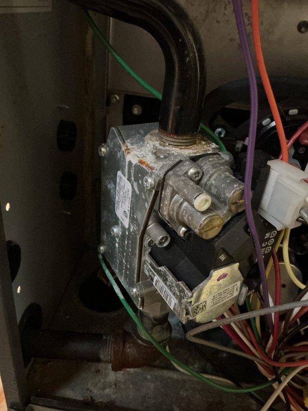 Performed scheduled heating maintenance service on furnace system. Inspected gas valve connections and electrical components for proper operation, finding all connections secure with no signs of significant corrosion. Temperature readings of 34.2°F were recorded during diagnostic testing, confirming system is operating within normal parameters.