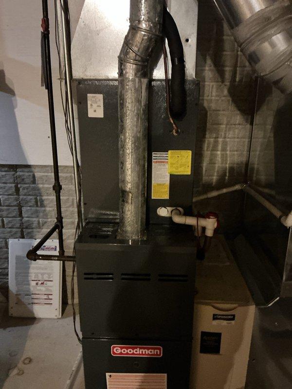 Completed scheduled heating maintenance on Goodman furnace system. Performed diagnostic testing with digital meter, recording voltage reading of 35.4V at control board. Inspected ductwork, condensate drainage system, and electrical connections - all components functioning within normal parameters.