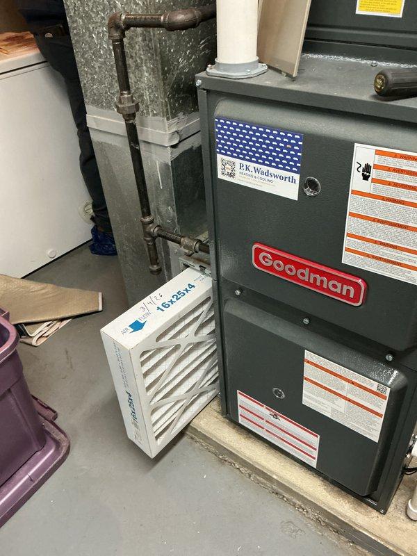 Performed annual heating maintenance on Goodman furnace system. Inspected internal electrical components including motor assembly, wiring connections, and capacitor for proper function. Replaced air filter (16x25x4) and verified all system components were operating within specifications.