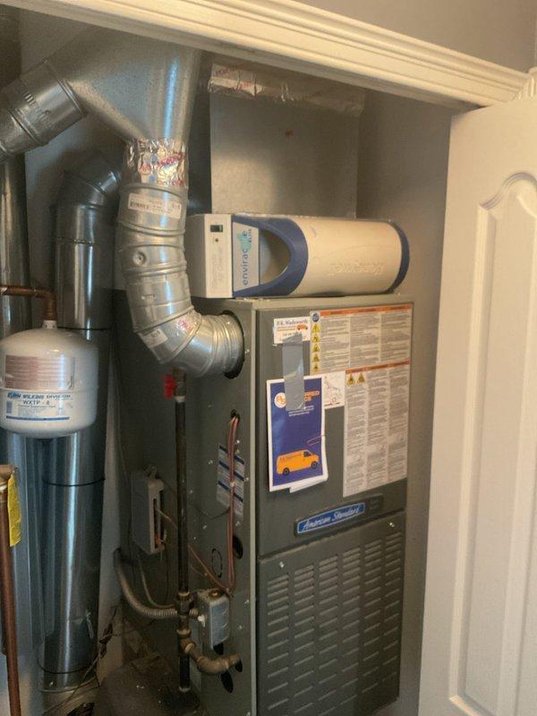 Performed routine heating maintenance on American Standard furnace system. Inspected internal components including circuit board, blower motor, and wiring connections. System operating within normal parameters with no issues detected.