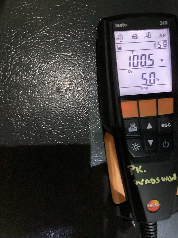 Conducted routine heating system maintenance including visual inspection of furnace components and connections. Performed combustion analysis with Testo 310 analyzer, confirming proper operation with temperature reading of 100.5°F and O₂ level at 5.0%. System is functioning within normal parameters.