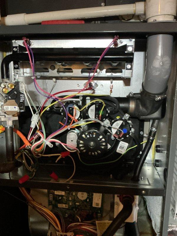 Responded to service call for newly installed furnace that would not shut off despite thermostat being set to 67°F while home temperature was 74°F. Inspection revealed damaged electrical plug connection affecting system control functionality. Repaired wiring connection and verified proper thermostat communication with the furnace control board, restoring normal cycling operation.