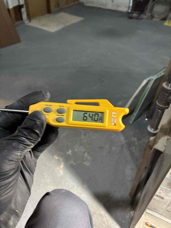 Performed scheduled heating maintenance on furnace system. Conducted electrical diagnostics using clamp meter to verify proper voltage/amperage readings on control circuits and components. Measured supply air temperature (64.0°F) with digital thermometer to confirm system operation within manufacturer specifications.