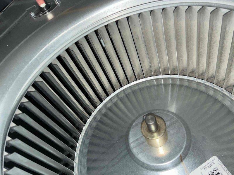 Performed annual heating maintenance on system. Inspected electrical connections and components, noting significant corrosion on copper fitting that requires monitoring. Examined blower wheel assembly which showed moderate dust accumulation but remains operational.