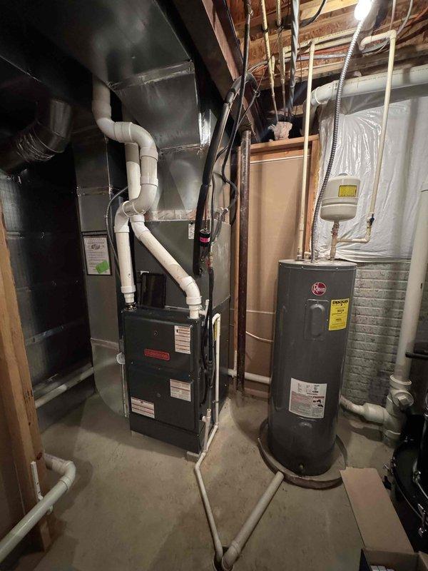 Completed annual maintenance service on Goodman furnace system. Inspected and cleaned blower wheel assembly, confirming proper operation with no debris accumulation. Verified all ventilation connections, ductwork, and electrical components are functioning correctly with no signs of deterioration.
