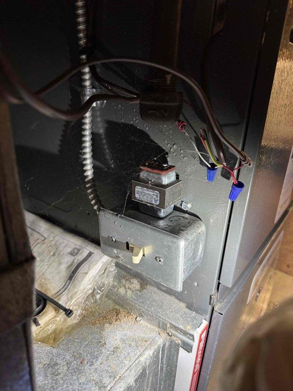 Responded to no heat call where customer reported water on and around furnace. Visual inspection of HVAC system revealed condensation/moisture on metal components and electrical connections. Identified water intrusion from nearby plumbing (PVC pipe with compromised joints/insulation) in utility area affecting furnace operation. Dried affected components and recommended proper sealing of plumbing connections to prevent future water damage to heating system.