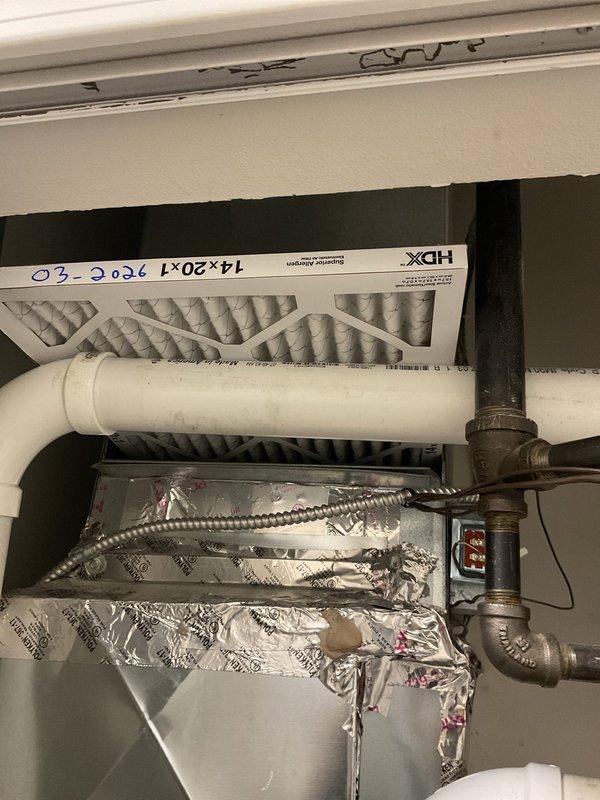 Performed scheduled heating maintenance service on system. Inspected and verified proper operation of HVAC components including control board, wiring connections, and electrical terminals. Replaced air filter with new HDX 14"x20" pleated filter, ensuring proper airflow through the system.