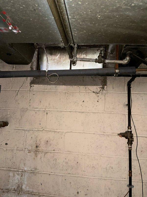 Conducted assessment of HVAC system with inoperable furnace and water heater due to compromised chimney liner causing severe leakage into the heating system. Inspection revealed water damage to the utility area with visible staining on cinder block walls and evidence of moisture affecting the mechanical components. Presented replacement options for both heating system and water heater that would address the chimney liner compatibility issues.