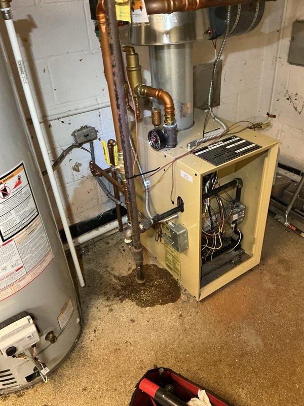 Performed scheduled boiler maintenance and identified significant corrosion on heat exchanger fins. System inspection revealed rust accumulation at connection points and a water leak near the furnace base. Documented condition with photos for future reference and discussed replacement options with property owner.