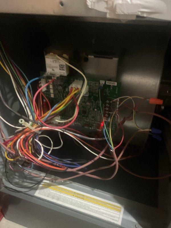 Performed scheduled heating maintenance on system, inspecting electronic control board and verifying proper operation of the air handler. Thermostat was confirmed functional with display reading 35° and all connections secure. System operating within normal parameters with no issues detected.