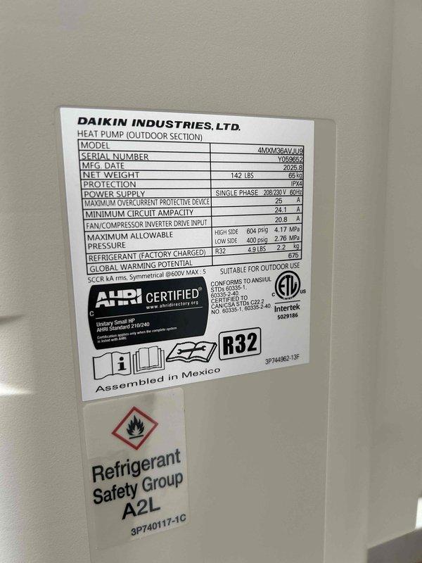 Completed installation of Daikin 4MXM36AVFUA multi-zone heat pump system with wall-mounted indoor air handler. Replaced existing head and condenser units with new R32 refrigerant equipment, verifying proper electrical connections (208/230V, 60Hz) and system operation per manufacturer specifications.