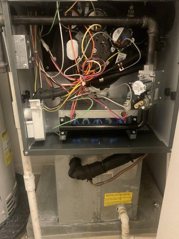 Performed first-year heating maintenance on residential furnace system. Conducted comprehensive inspection of electrical components, control boards, and ventilation system including PVC exhaust piping. All connections verified secure, system tested for proper operation with no issues identified.