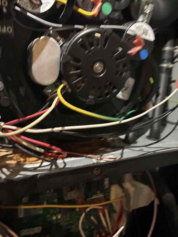 Performed scheduled heating maintenance on system. Inspected blower motor assembly and electrical connections, noting all wiring (yellow, red, white, green) was secure and in good condition. Replaced air filter which showed normal dust accumulation, ensuring proper airflow for optimal system operation.