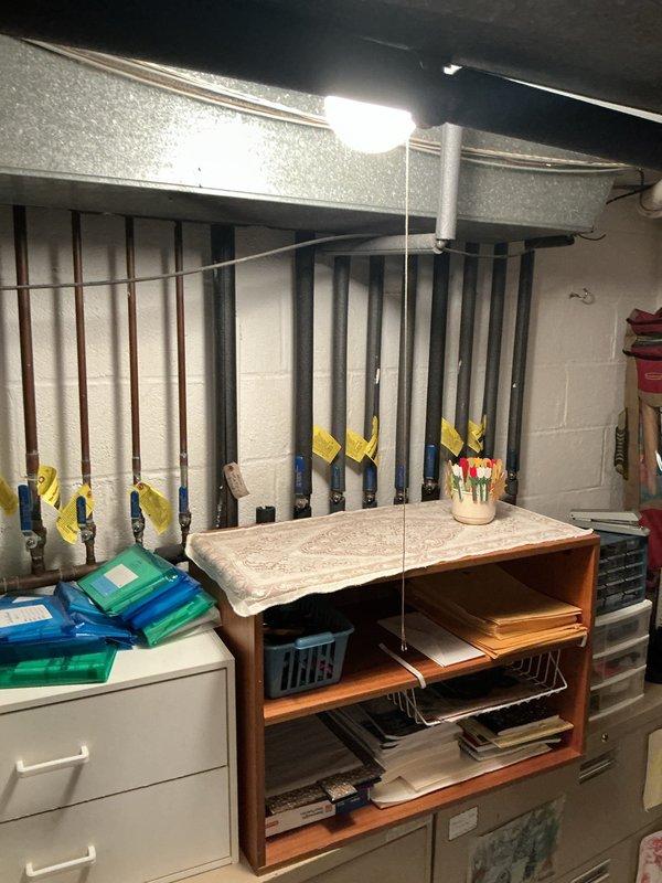 Conducted comprehensive plumbing inspection of bathroom vanity with chrome fixtures and basement utility area. Documented condition of sink plumbing components and surrounding cabinetry. No active leaks or functional issues identified during the inspection.