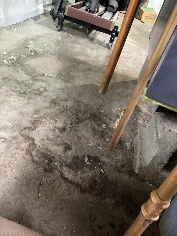 Performed scheduled maintenance on water boiler system. Observed significant copper pipe oxidation and corrosion at T-junction connections. Noted moisture issues on concrete floor with visible water staining patterns around the boiler area.