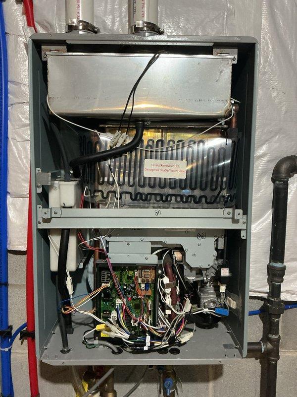 Completed scheduled tankless water heater maintenance service. Performed full inspection of internal components including heating elements, heat exchanger, circuit board, and all electrical connections. System was found to be in good working condition with no issues identified. Bathroom fixtures were also inspected and confirmed to be functioning properly.