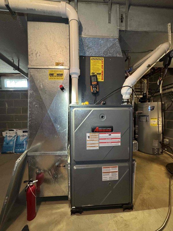 Performed scheduled heating maintenance on furnace system. Inspected and tested furnace operation with diagnostic equipment, documenting wear on heat exchanger surface. Verified proper venting configuration and confirmed presence of required safety equipment in mechanical room.