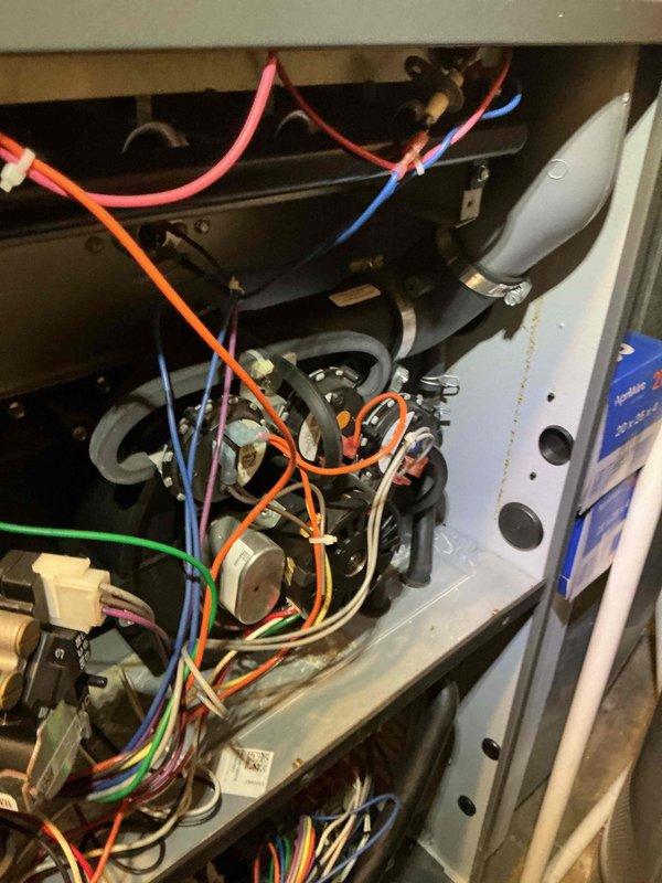 Performed routine heating maintenance on residential HVAC system. Inspected interior components including electrical connections, control board, and blower assembly. All components found in normal working condition with properly organized wiring and no visible damage.